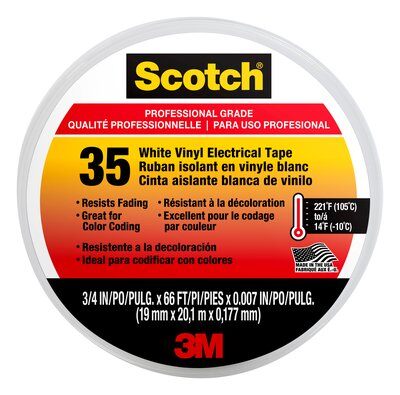Scotch&reg; Vinyl Color Coding Electrical Tape 35 3/4in x 66ft White (10 RL/BX) (100 RL/CS)